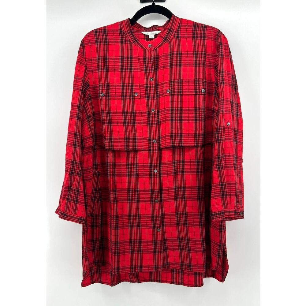 L.L.Bean Signature Women's Utility Tunic Shirt Size 14 Red Plaid Button Down